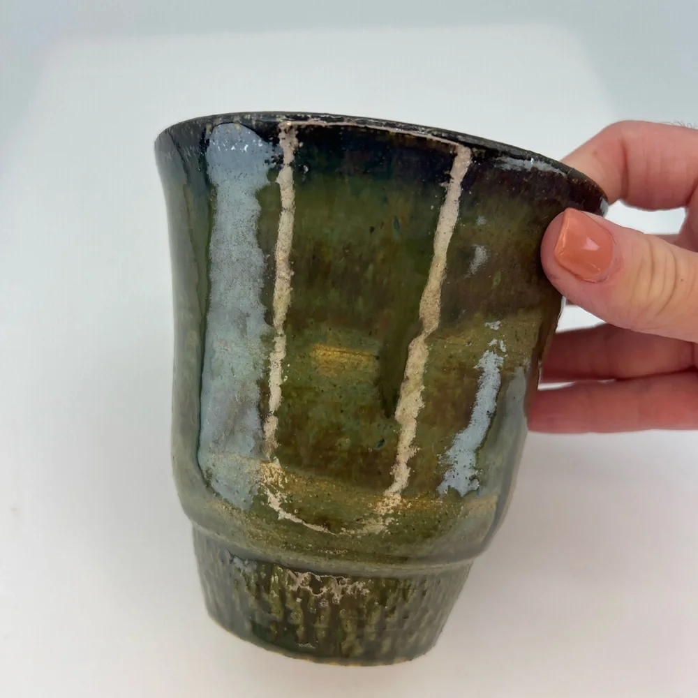 Handmade Studio Pottery Planter Vase  Cup Green Drip Glaze Tumbler Artist Signed